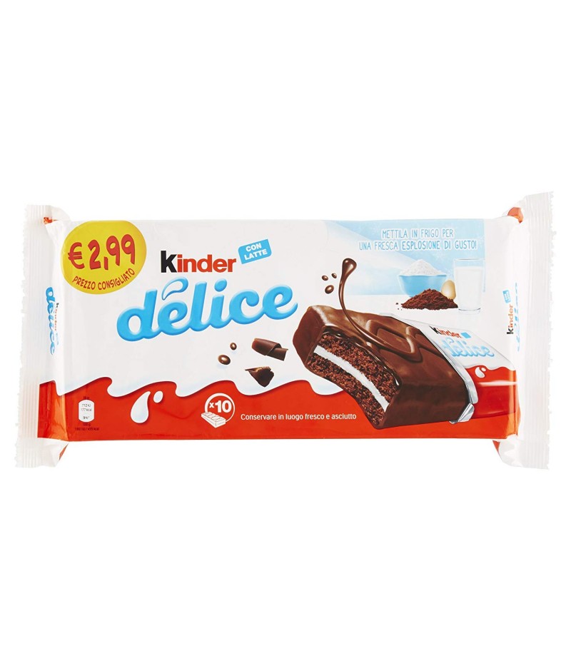 KINDER DELICE FERRERO - Prodotto di Pasticceria con Un Pan di Spagna e Una Farcitura al Latte, con Copertura di Cacao (10 x 39g) 