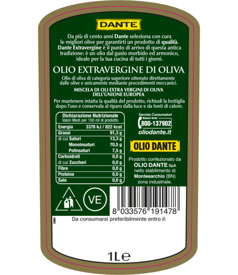 OLIO EXTRAVERGINE DI OLIVA "DANTE" 1 LITRO